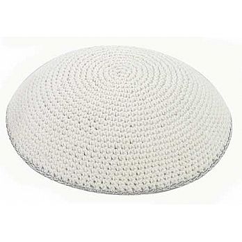 Classic White Knit Kippah with Fine Silver Line