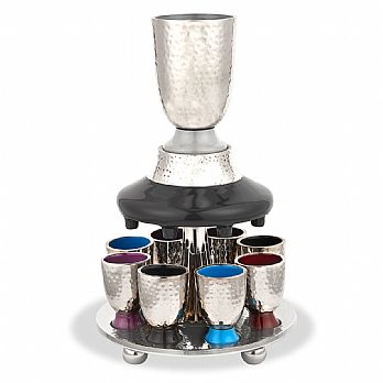 Hammered Metal Kiddush Fountain with Enamel Decor - Multi-Color
