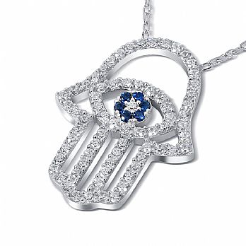 Sterling Silver Hamsa Necklace with Clear CZ's