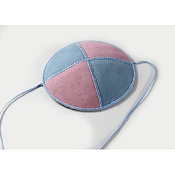 Suede Baby or Toddler Kippah with Straps - Light Blue/Pink