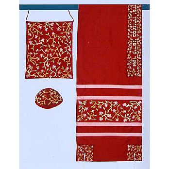 Embroidered Raw Silk Tallit Set - Marron