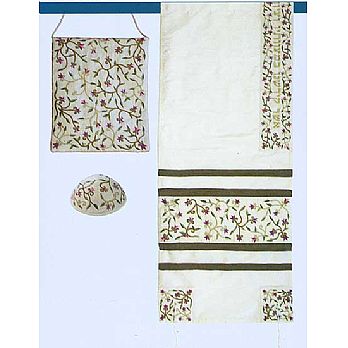 Embroidered Raw Silk Tallit Set - White