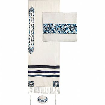 Cotton Embroidered Tallit Set - Blue Stars of David