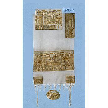 Completely Embroidered Tallit Set - Jerusalem in Gold
