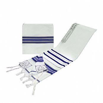 Traditional Wool Tallit / Prayer Shawl with Matching Tallit Bag - Blue/Silver Stripes