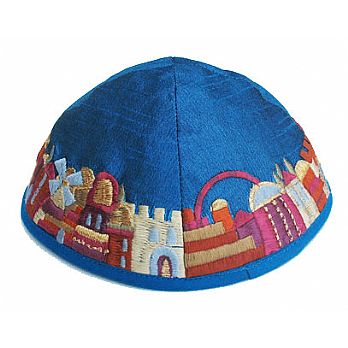 Machine Embroidered Kippot - Jerusalem on Blue