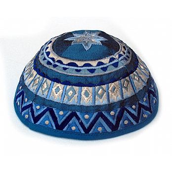 Elegant Embroidered Cotton Kippah - Blue