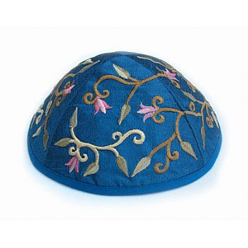Elegant Embroidered Cotton Kippah - Flowers Blue