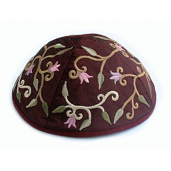 Elegant Embroidered Cotton Kippah - Maroon/Wine/Red