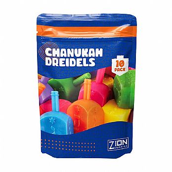10 Pack Medium Plastic Dreidels w/English Transliteration - Ziplock