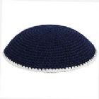 Hand Knitted Kippot - Navy Blue with White Trim