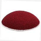 Hand Knitted Kippot - Burgundy With White Trim