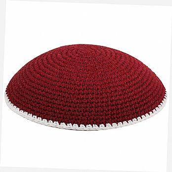 Hand Knitted Kippot - Burgundy With White Trim