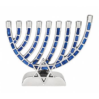 Blue Jeweled Mosaic Aluminum Menorah with Jewish Star