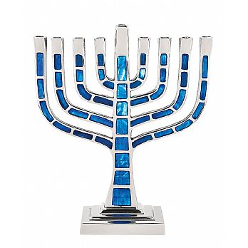 Blue Jeweled Knesset Style Mosaic Aluminum Menorah
