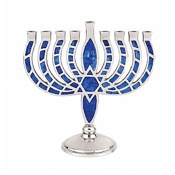 Contemporary Blue Jeweled Mosaic Aluminum Menorah with Jewish Star