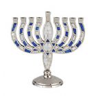 Contemporary Blue and White Jeweled Mosaic Aluminum Menorah with Jewish Star
