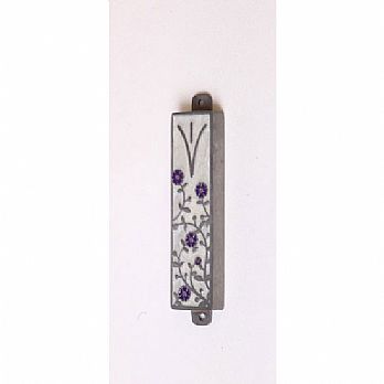 White and Purple Flowers Pewter Mezuzah Cover