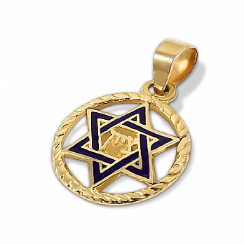 14K Gold Star of David Medallion - Enameled