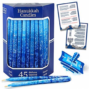 Deluxe Tapered White Frosted over Multi Blue Hued Hanukkah Candles
