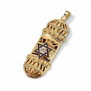 14K Gold Mezuzah Pendant W/Blue Zion Star