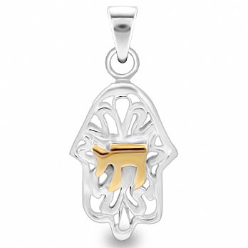 Sterling Silver Hamsa Pendant with Inner Chai