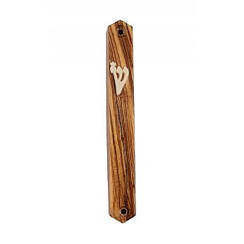 Olive Wood Mezuzah Cover with Appliqued Shin