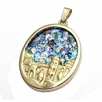 14K gold Jerusalem pendant with ancient Roman glass