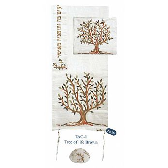 Raw Silk Embroidered Tallit Set - Brown Tree of Life
