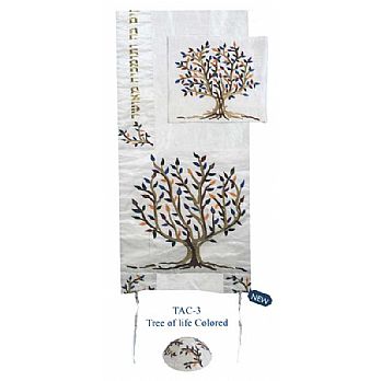 Raw Silk Embroidered Tallit Set - Colored Tree of Life