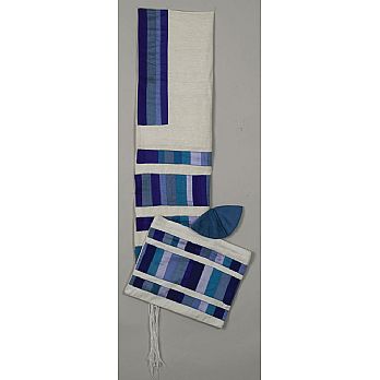 Elegant Raw SilkTallit Set - Multi Blue Stripes