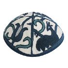 Hand Embroidered Kippot - Papercut in Blue