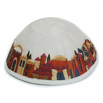 Machine Embroidered Kippot - Jerusalem on White