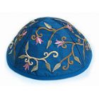Elegant Embroidered Cotton Kippah - Flowers Blue