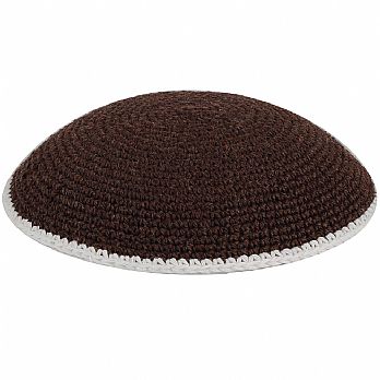 Hand Knitted Kippot - Dark Brown with White Trim