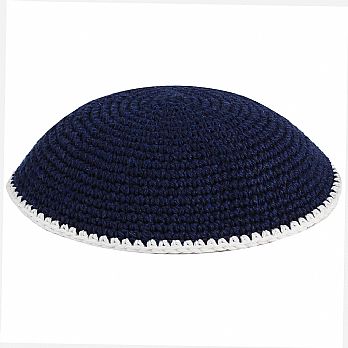 Hand Knitted Kippot - Navy Blue with White Trim