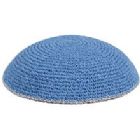 Hand Knitted Kippot - Light Blue with Silver Trim
