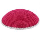 Hand Knitted Kippot - Pink with White Trim