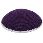 Hand Knitted Kippot - Purple with White Trim