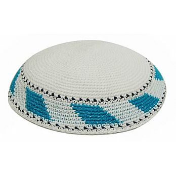 Personalized Knit Kippot - White with Teal/Turquoise