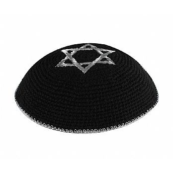 Quality Knitted Kippot - Black with Silver Star and Rim