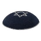 Quality Knitted Kippot - Navy with Silver Star and Rim