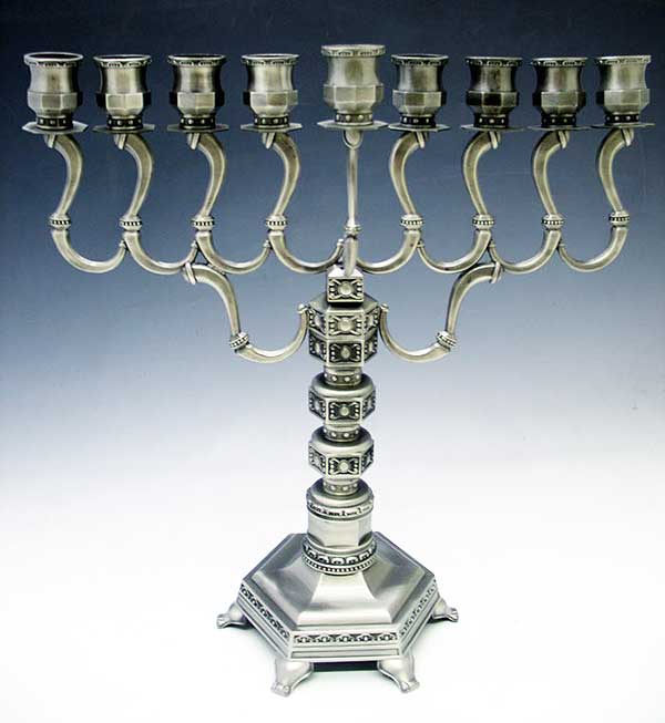 Traditional Large Pewter Plated Menorah 14'' Tall